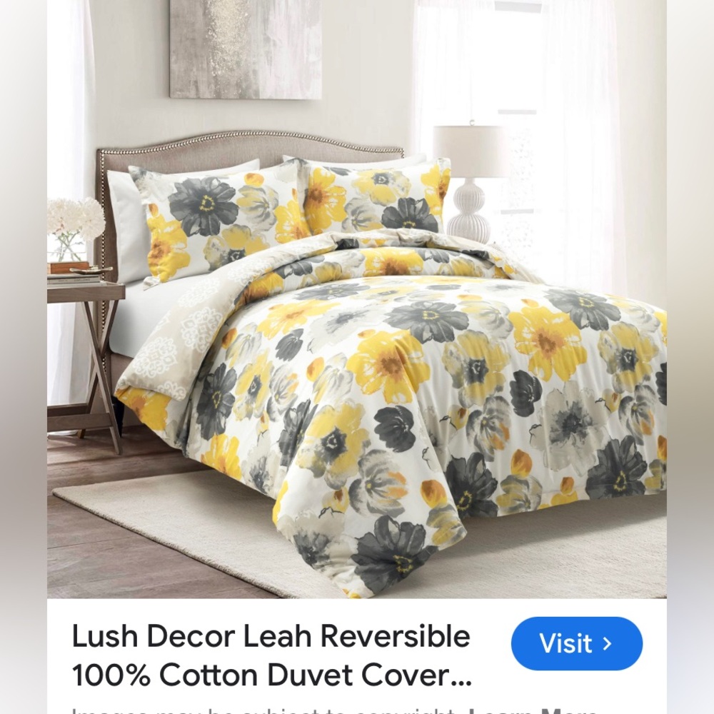 Floral Yellow and Gray Bedding King Duvet Set